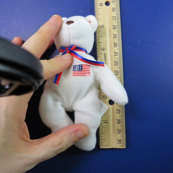 White Patriotic Ty Beanie Baby Bear 5.25" tall Red Blue Ribbon - Picture 10 of 10